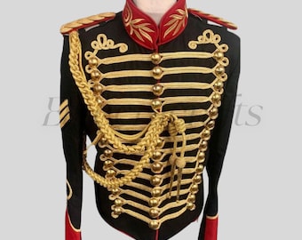 Men’s Black Wool Hussar Military Jacket – Steampunk Tailcoat with Gold Braiding | Epaulettes & Button Detailing Hussar Jacket