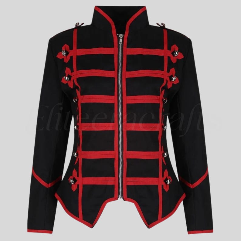 May include: Black jacket with red accents. The jacket features a high collar, a front zipper, and decorative red bands across the chest and sleeves. Small silver buttons and red bows add detail. The jacket has a fitted silhouette.