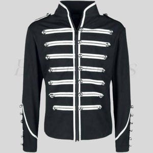 May include: Black jacket with white stripes and silver-colored buttons. The jacket has a high collar and a zipper closure. White trim accents the cuffs and the front of the jacket. This military-style jacket is suitable for cosplay or fashion.