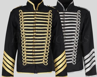 Men’s Military Hussar Parade Jacket – Black Gold or Silver Braided Marching Band Uniform Coat with Metal Buttons