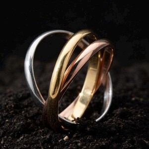 Trinity Rolling Ring, Tri Color Interlocking Ring, Gold Rose Gold Silver Band, Three Ring Stacking Set, Classic Russian Wedding Ring