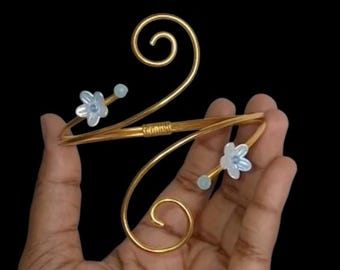 Gold Flower Arm Cuff, Spiral Wire Wrap Armlet, Blue Floral Upper Arm Bracelet, Boho Wedding Arm Jewelry, Unique Gift for Her Jewelry Piece