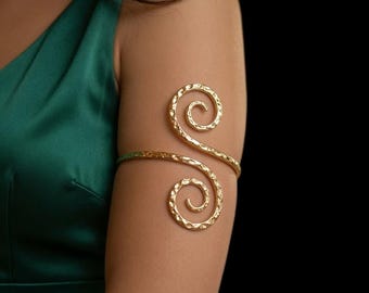Gold Upper Arm Band, Hammered Double Spiral Armlet, Greek Goddess Swirl Bangle, Adjustable Textured Arm Cuff, Unique Festival Gift for Her