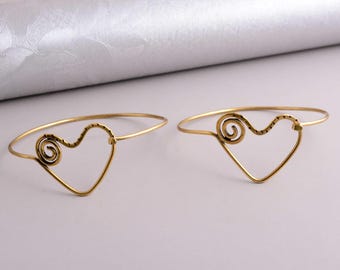 Handmade Brass Heart Bangle Bracelet: Adjustable Wire Wrap Cuff
