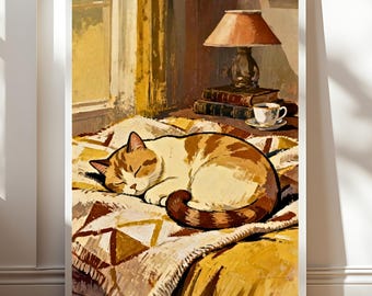 Ilustración de gato durmiendo: arte de pared imprimible acogedor de estilo mediados de siglo