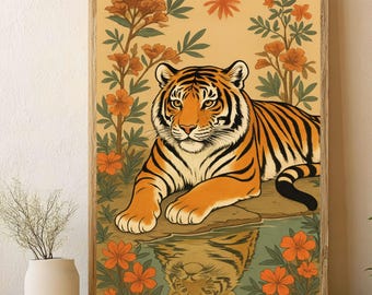 Korean Tiger by the Water Print | Minhwa-Inspired Tiger Wall Art | Boho Neutral Botanical | Digital Download