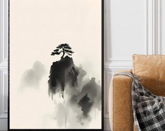 May include: Black framed art print with a minimalist ink wash painting. The artwork shows a silhouetted tree on a mountain, with soft, grey clouds and a cream background. The theme is nature and landscape, suitable for home decor.