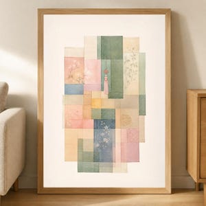 May include: A framed wall art print featuring a patchwork composition of rectangular fabric panels in muted shades of green, pink, blue, and yellow. The design includes delicate floral illustrations and a central pink decorative tassel.