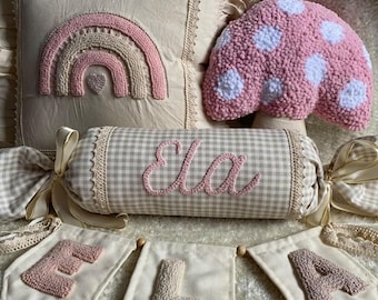 Personalized Name Pillow Banner Set, Punch Needle Rainbow Mushroom Cushion