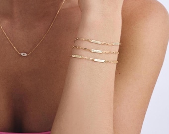 Pulsera de barra de oro macizo de 14 quilates / Pulsera delicada con placa de nombre grabable / Joyería minimalista de barra de oro / Regalo personalizado para mujer