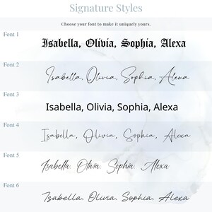 Puede incluir: Imagen que muestra seis estilos de fuente diferentes para nombres. El texto "Signature Styles" y "Elige tu fuente para que sea &uacute;nica" est&aacute;n en la parte superior. Cada fuente muestra los nombres Isabella, Olivia, Sophia y Alexa.