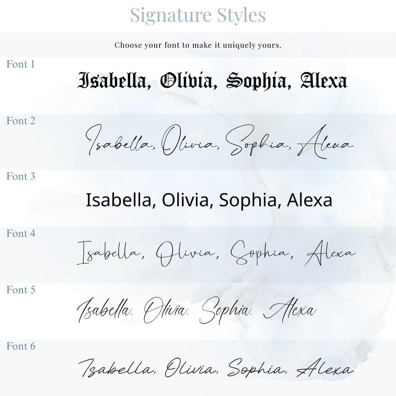 Puede incluir: Imagen que muestra seis estilos de fuente diferentes para nombres. El texto "Signature Styles" y "Elige tu fuente para que sea &uacute;nica" est&aacute;n en la parte superior. Cada fuente muestra los nombres Isabella, Olivia, Sophia y Alexa.