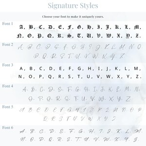 Puede incluir: Una exhibici&oacute;n de seis estilos de fuente diferentes, cada uno mostrando el alfabeto de la A a la Z. El texto "Signature Styles" y "Choose your font to make it uniquely yours" est&aacute;n en la parte superior. Las fuentes var&iacute;an en estilo, de cl&aacute;sico a manuscrito.