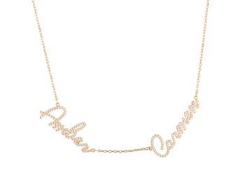 Collar con dos nombres en letra de diamante / Pieza de joyería fina personalizada en oro macizo de 14 quilates