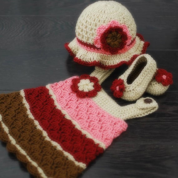 Items similar to Crochet set of dress, hat and baby flats Made to