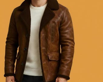 Men’s Brown Shearling Leather Jacket Fur Winter Warm Sheepskin Coat Vintage Style