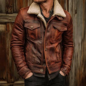Men’s Handmade Distressed Lambskin Leather Jacket with Shearling Collar Vintage Brown Leather Trucker Coat