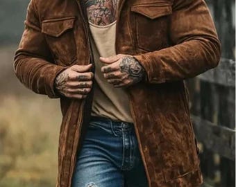 Abrigo de ante genuino hecho a mano para hombre, chaqueta vaquera vintage marrón