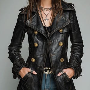 Puede incluir: Chaqueta de cuero negra con botones dorados y diseño cruzado. La chaqueta tiene un aspecto desgastado y presenta un cuello ancho y bolsillos. La modelo lleva varios collares y anillos de plata, y un cinturón con hebilla dorada.