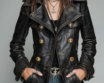 Women’s Black Leather Trench Coat | Vintage Double Breasted Jacket with Gold Buttons