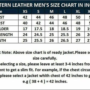 May include: A size chart for western leather jackets, displaying chest, waist, shoulder, sleeve length, and length measurements in inches. Sizes range from XS to XXXL. Includes a note about selecting the correct size for a slim fit.