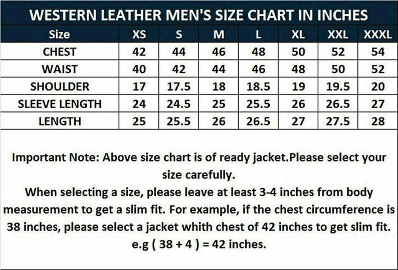 May include: A size chart for western leather jackets, displaying chest, waist, shoulder, sleeve length, and length measurements in inches. Sizes range from XS to XXXL. Includes a note about selecting the correct size for a slim fit.