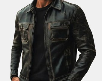 Giacca da uomo in vera pelle di agnello nera vintage, realizzata a mano, in stile motociclista invecchiato