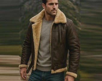 Men's Genuine Leather B3 Aviator Bomber Jacket - Dark Brown Sheepskin Flying Coat