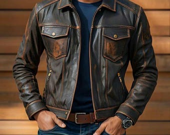 Men's Distressed Brown Leather Biker Jacket – Vintage Motorcycle Style