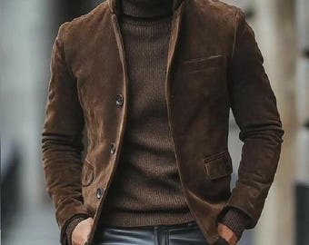 Men’s Handmade Real Suede Leather Jacket Classic Brown Button-Up Coat, Vintage Slim Fit Blazer