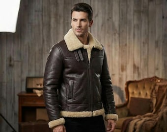 Men's B3 Aviator Shearling Bomber Jacket, Brown Sheepskin Leather, WWII Flight Jacket
