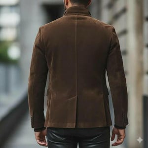 May include: A brown corduroy blazer with a high collar and buttoned cuffs. The back view of the jacket shows a tailored fit and a single vent. The jacket is worn with black leather pants.