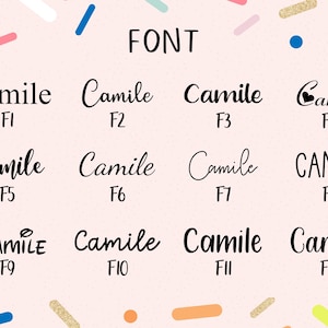May include: An image displaying a selection of font styles, each presenting the name "Camile" in diverse designs. The word "FONT" is at the top. The background is a light pink with colourful confetti.