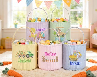 Personalized Seersucker Easter Basket, Embroidered Name, Kids Egg Hunt