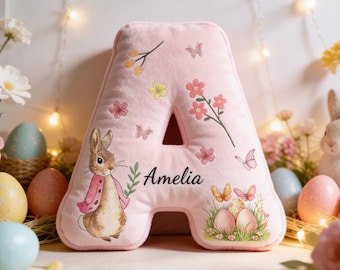 Custom Easter Letter Pillow,Personalized Bunny Floral Initial Cushion,Christian Gifts,Kids Easter Gift,Baptism Gift