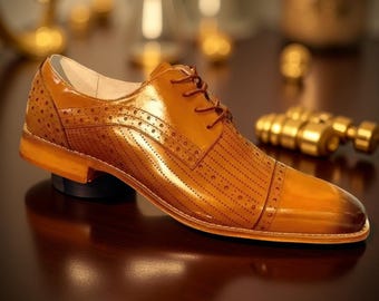 Genuine Handmade Men's Brown Leather Shoes, Lace-Up Formal Dress Casua