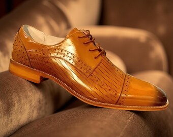 Genuine Handmade Men's Brown Leather Shoes, Lace-Up Formal Dress Casual Shoe