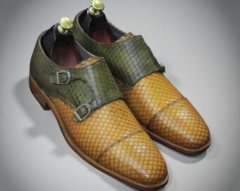 Scarpe da uomo fatte a mano in pelle bicolore con doppio cinturino Monk / Calzature eleganti, formali e casual / Scarpe Monk con fibbia firmate / Regalo per lui