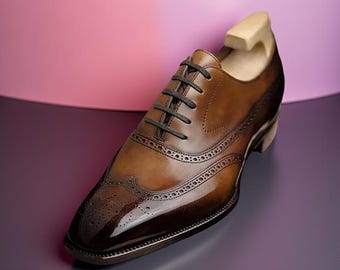 Men,s Handmade Genuine Brown Leather Oxford Lace Up Wingtip Formal Dress Shoes
