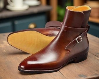 Voguecuir. Handmade Men's Medium Brown Shaded Leather Buckle Boots, Men's Fashion Jodhpur Formal Boot