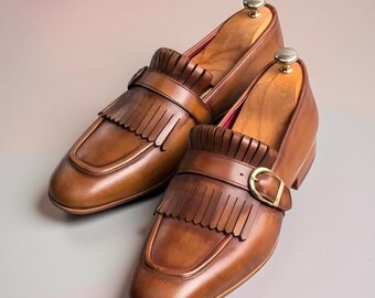 Zapatos de vestir de cuero marrón hechos a mano para hombre, sin cordones, zapatos de vestir para hombre, zapatos formales de cuero de lujo.