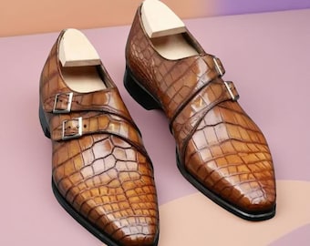 Men’s Handmade Crocodile Pattern Leather Double Monk Strap Dress Shoes