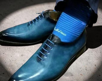 Chaussures Oxford à lacets en cuir bleues pour hommes faites sur mesure