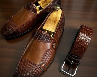 Mocasines Monk de piel trenzada marrón – Zapatos vintage sin cordones hechos a mano para hombre