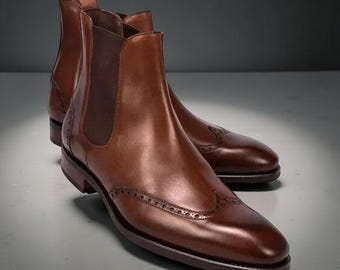 Handmade Men Brown Genuine Leather Chelsea Wingtip Leather Ankle Boots For Men