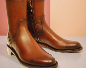 New Handmade Tan Genuine Leather Zipper Ankle Boots, Men Tan Dress Boots For Men