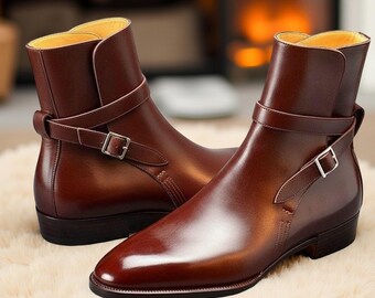 Handmade Brown Leather Dress Boots with Single Buckle Strap