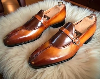 Mocasines Monk de piel bicolor – Zapatos de vestir vintage sin cordones para hombre, hechos a mano