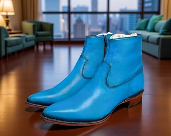 Handmade Italian Leather Blue Elevator Boots: 3-Inch Height Increase
