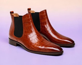Men’s Brown Chelsea Boots | Crocodile Texture Western Ankle Boots